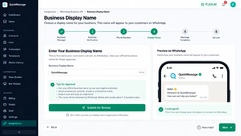 WhatsApp Business API display name submission screen for Meta brand approval