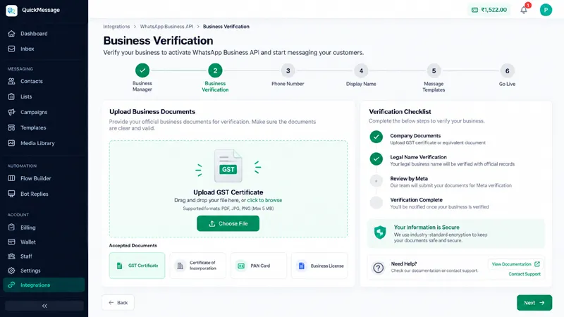 WhatsApp Business API verification screen for submitting company documents to Meta