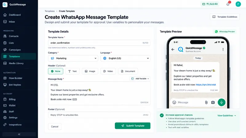 WhatsApp Business API template manager showing message template creation for Meta approval