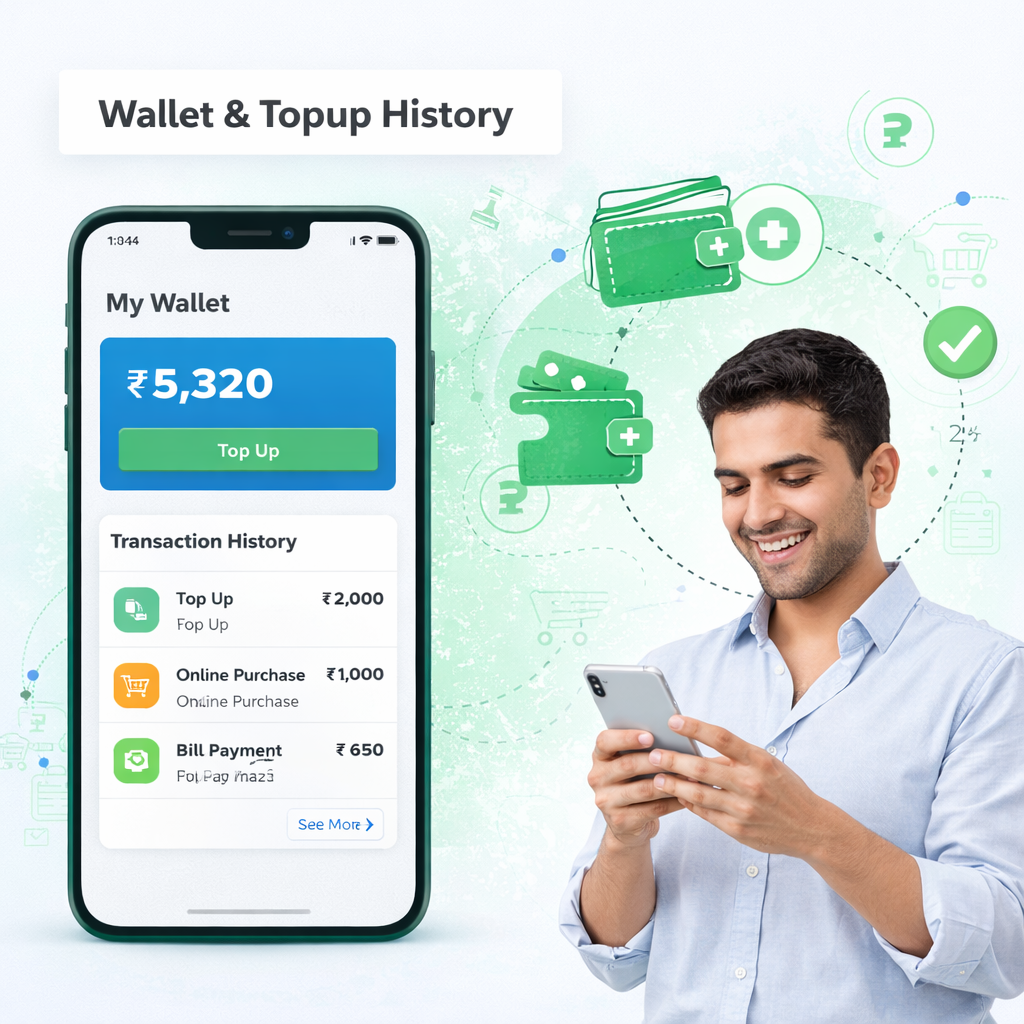 WhatsApp wallet dashboard showing balance and topup history